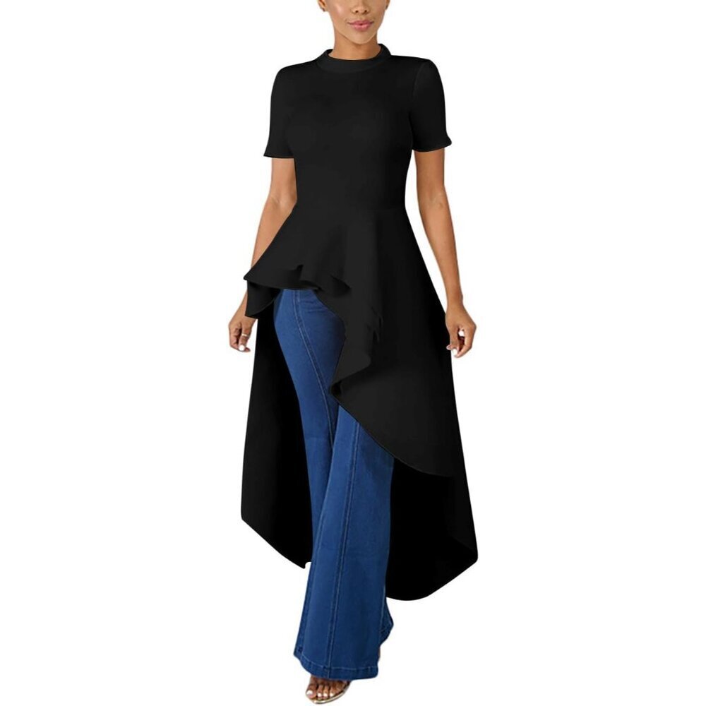 Women's Casual Ruffle Hem Irregular Hi-Lo Shirt Dress, High Waist, Long Tunic